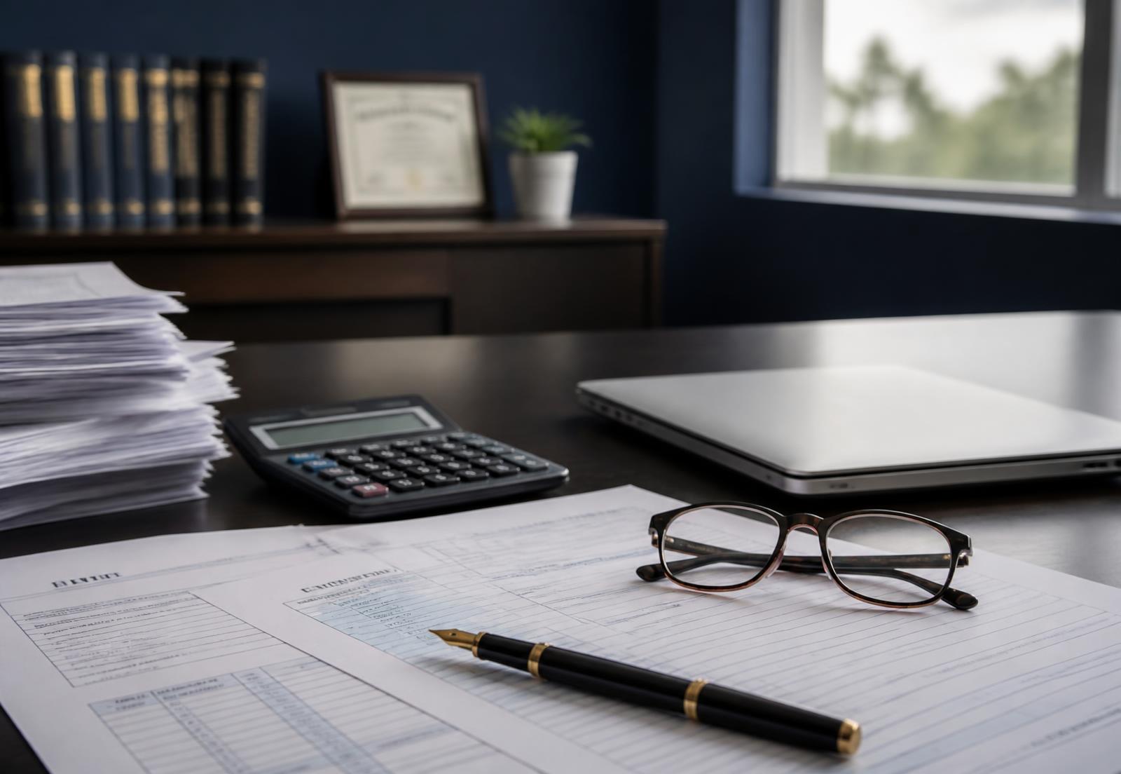 Tax documents, calculator and reading glasses on a desk